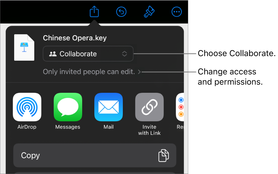 The Share menu with Collaborate selected at the top, and access and permission settings underneath.