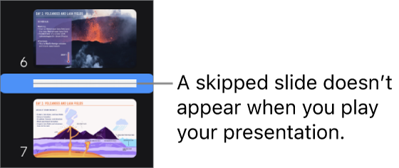 The slide navigator with a skipped slide showing as a horizontal line.
