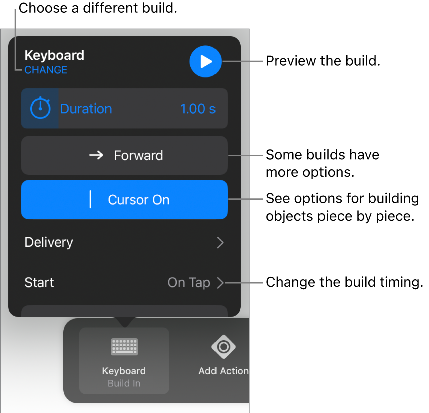 Build options include Duration, Delivery and Start timing. Tap Change to choose a different build, or tap Preview to preview the build.