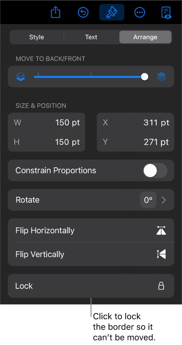 The Arrange controls in the Format menu with the Lock button called out.