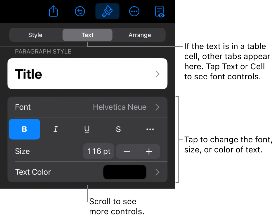 Text controls in the Format menu for setting paragraph and character styles, font, size, and color.