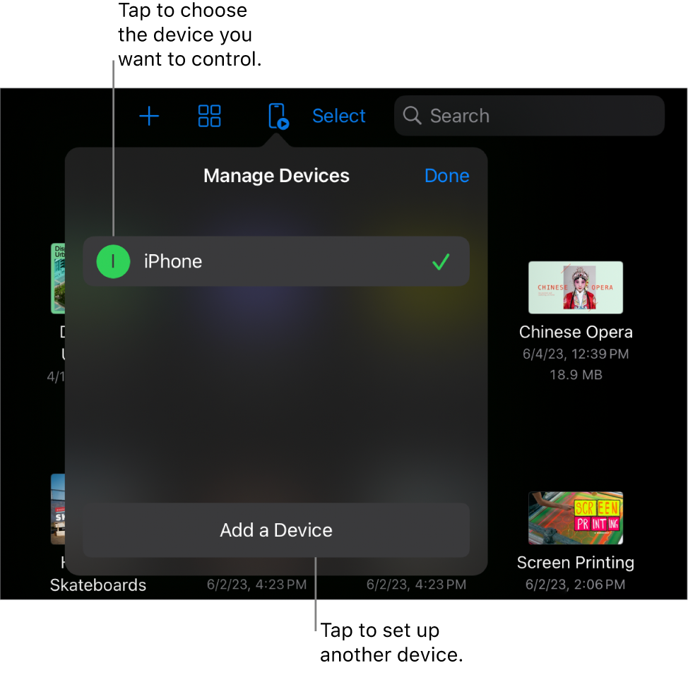 The Manage Devices popover, showing the Add a Device link.