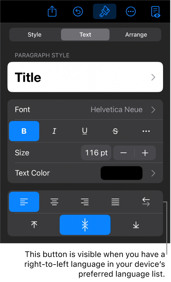 Text controls in the Format menu, with a callout to the Left to Right button.