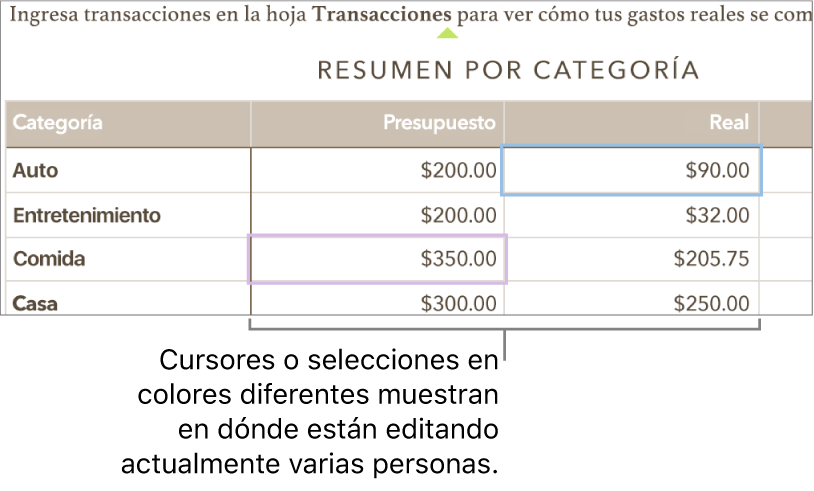 Los cursores o las selecciones en colores diferentes muestran dónde están editando otras personas.