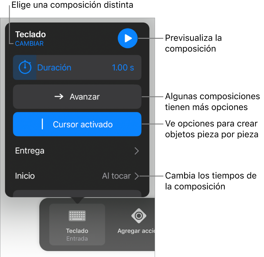 Las opciones de composición incluyen los tiempos de duración, entrega e inicio. Toca Cambiar para seleccionar una composición distinta, o toca Vista previa para obtener una vista previa de la composición.