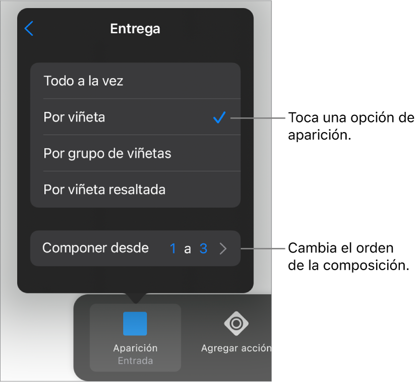 Opciones de Entrega en el panel Entrada.