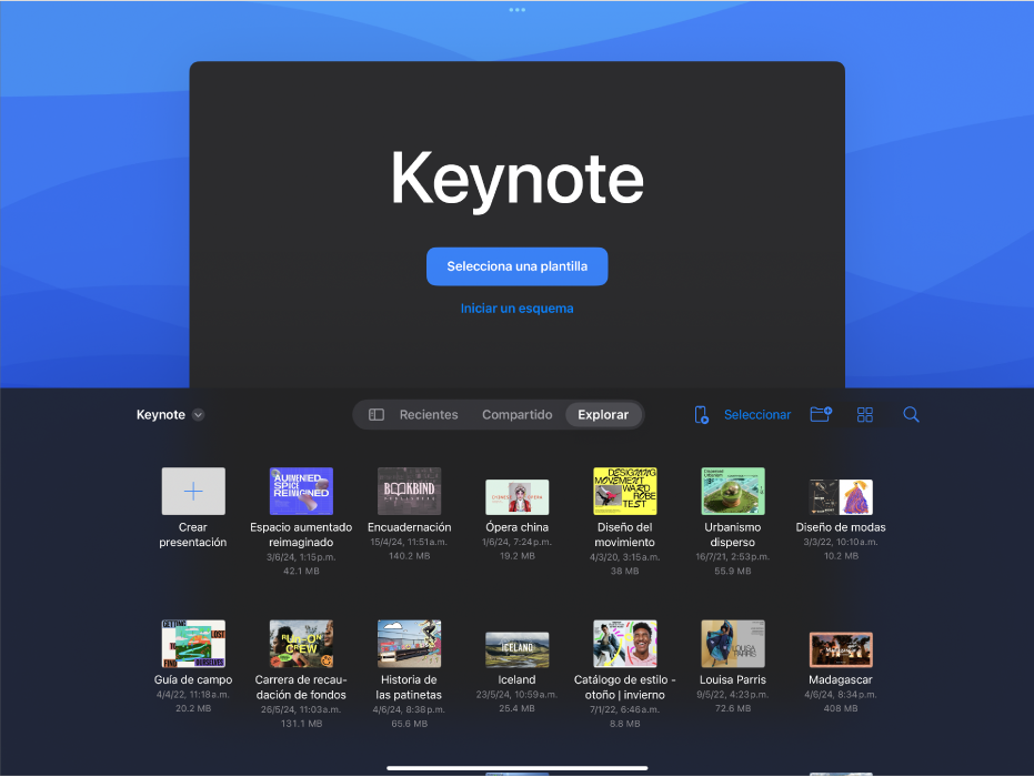 El administrador de documentos de Keynote con botones para crear una presentación a partir de una plantilla o esquema en la parte superior de la pantalla, y controles para abrir presentaciones guardadas en la parte inferior.