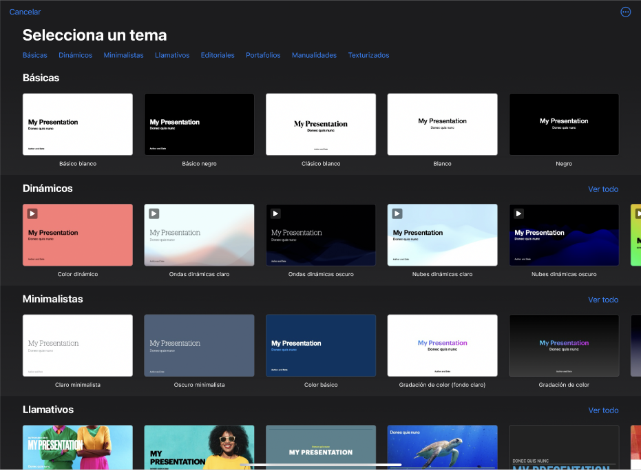 El selector de tema, mostrando una fila de categorías a lo largo de la parte superior que puedes tocar para filtrar las opciones. Debajo hay miniaturas de temas prediseñados organizadas en filas por categoría, empezando por Básicos en la parte superior y seguida por Dinámicos, Minimalistas y Llamativos. Por encima y a la derecha de cada fila de categoría aparece un botón “Ver todo”. El botón Cancelar se encuentra en la esquina superior izquierda.