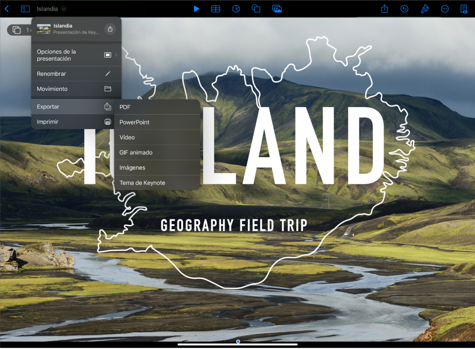 La app Keynote con las opciones de exportación abiertas en el menú de acciones de la barra de herramientas.
