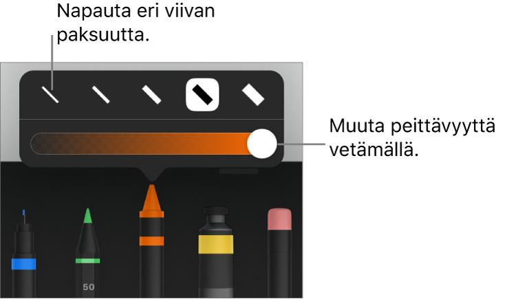 Viivan paksuuden valitsemisen säädin ja peittävyyden säätämisen liukusäädin.