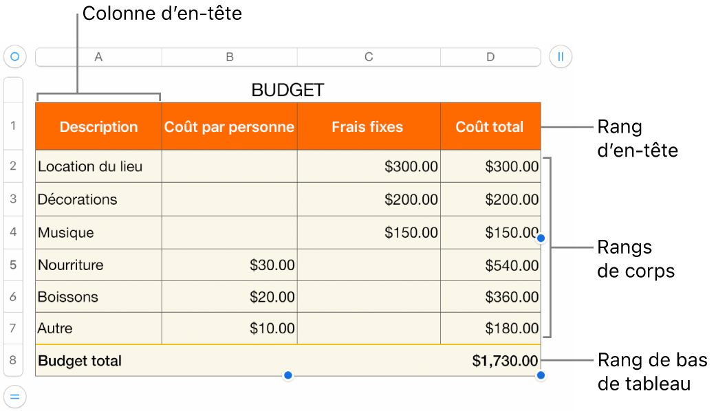 Tableau affichant des rangs et des colonnes d’en-tête, de corps et de bas de tableau, et poignées pour ajouter ou supprimer des rangs ou des colonnes.