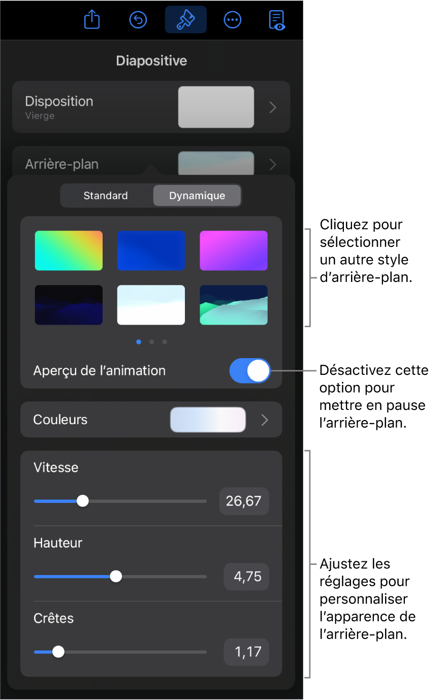 Les commandes liées aux arrière-plans dynamiques avec les vignettes des styles d’arrière-plans, le bouton Prévisualiser le mouvement et les commandes de personnalisation affichés.