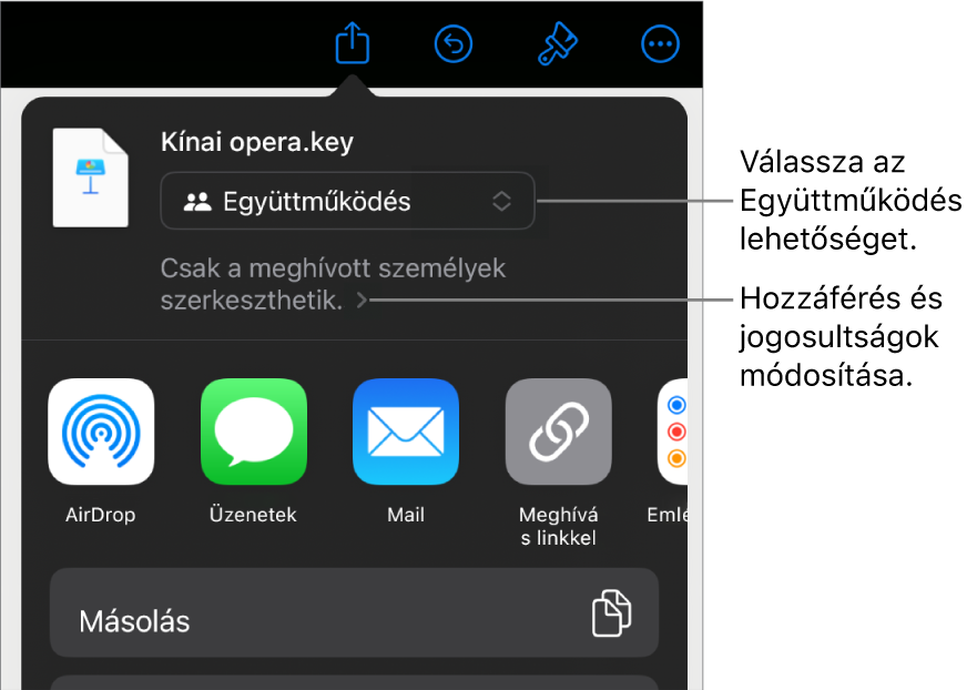 A Megosztás menü a felül kijelölt Együttműködés lehetőséggel, és az alatt látható hozzáférési és jogosultsági beállításokkal.