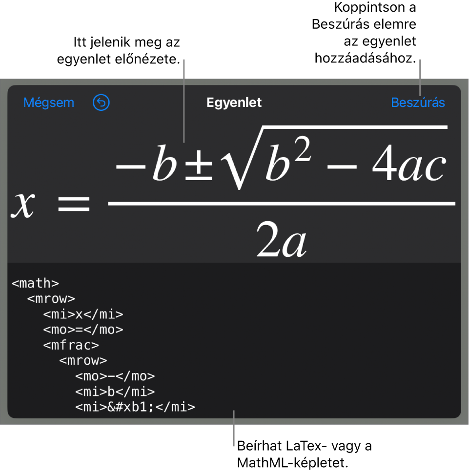 Az Egyenlet párbeszédpanel, amelyen egy, a MathML-parancsok használatával írt egyenlet, felül pedig az egyenlet előnézete látható.