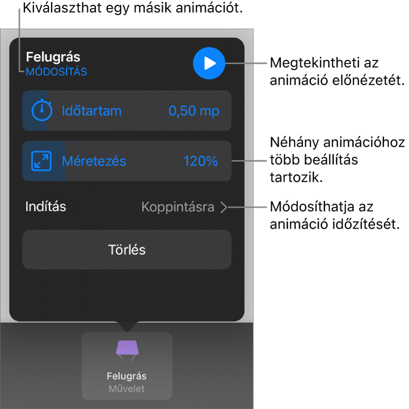 Az Animációra vonatkozóan megadhatja többek között az Időtartam és az Indítás időzítésének beállításait. Ha másik animációt szeretne választani koppintson a Módosítás lehetőségre, vagy az Előnézet lehetőségre koppintva megtekintheti az animáció előnézetét.