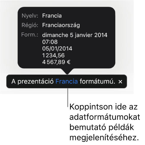 Értesítés az eltérő nyelvi és regionális beállításokról, és látható néhány példa az adott nyelvre és régióra jellemző formátumokra.