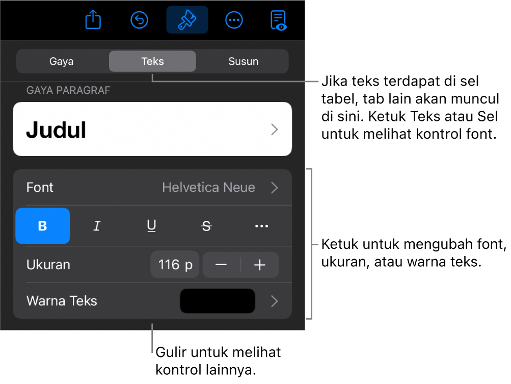 Kontrol teks di menu Format untuk mengatur paragraf dan gaya karakter, font, ukuran, dan warna.