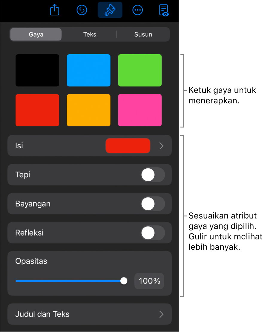 Tab Gaya menu Format dengan gaya objek di bagian atas dan kontrol di bawahnya untuk mengubah tepi, bayangan, refleksi, dan opasitas.