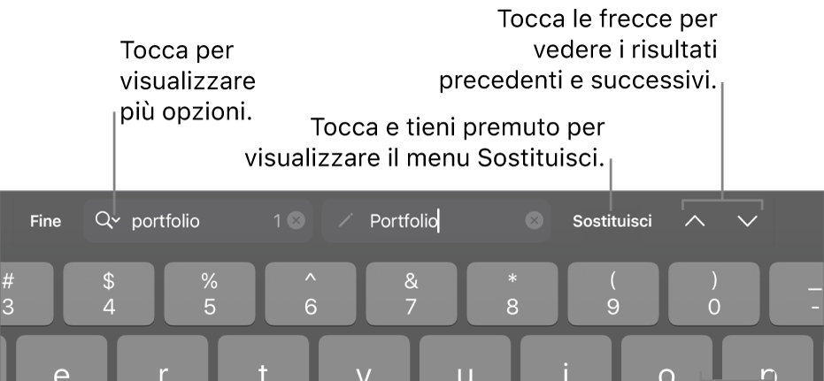 I controlli di “Trova e sostituisci” sopra alla tastiera con le didascalie delle opzioni di Ricerca, Sostituisci e i pulsanti “Freccia su” e “Freccia giù”.