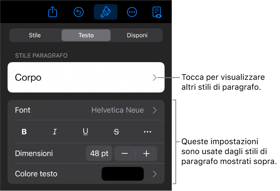 Menu Formato con controlli di testo per impostare stili carattere e paragrafo, font, dimensione e colore.