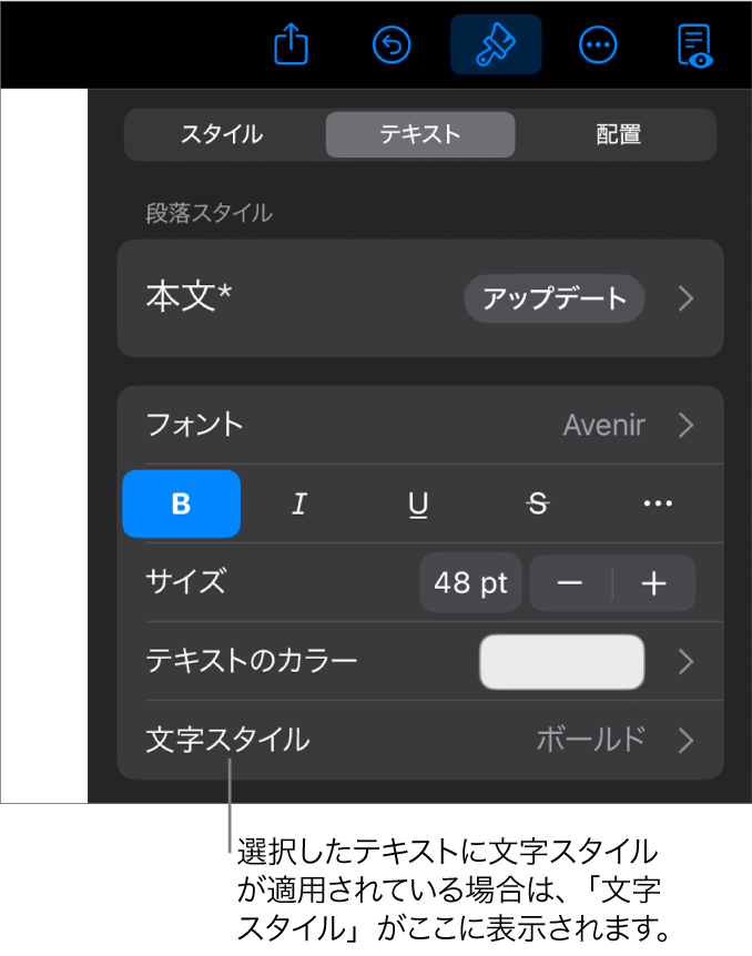 「テキスト」フォーマットコントロール。「カラー」コントロールの下に「文字スタイル」があります。文字スタイル「None」にアスタリスクが付いて表示されています。