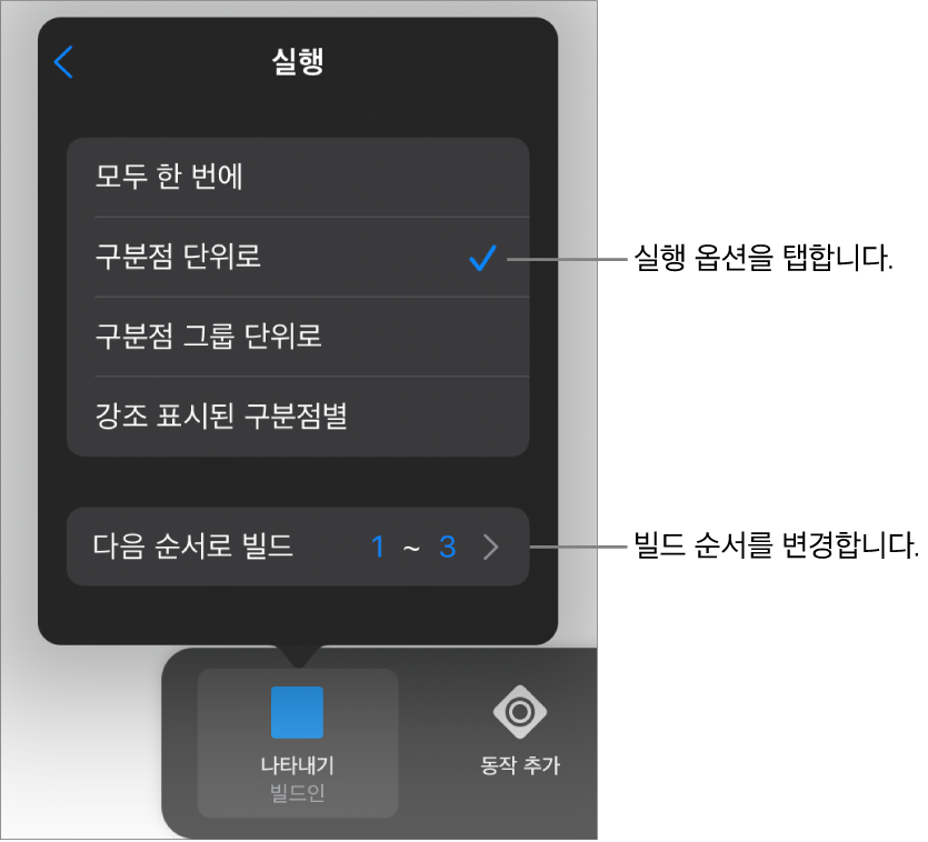 빌드인 패널에 실행 옵션.