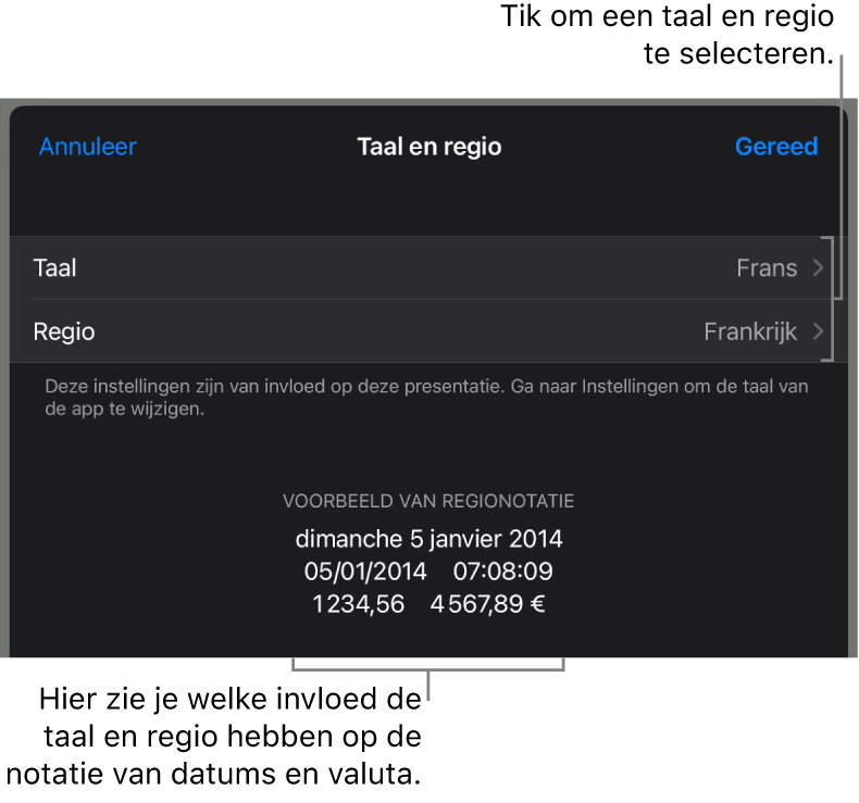 Paneel met regelaars voor de taal en regio en een voorbeeld van de notatie van datum, tijd, decimaalteken en valuta.