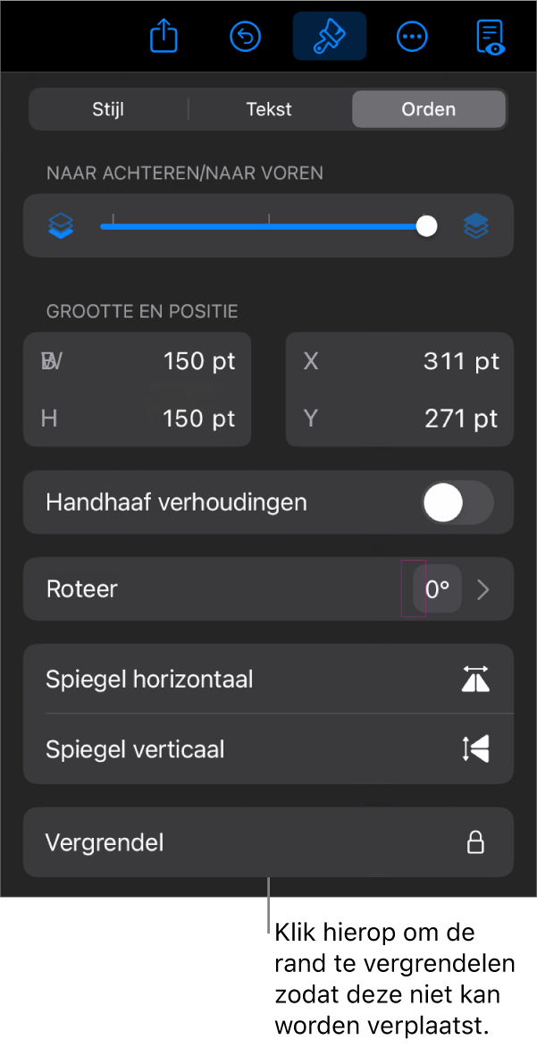 De ordenfuncties in het opmaakmenu met uitleg bij de knop 'Vergrendel'.