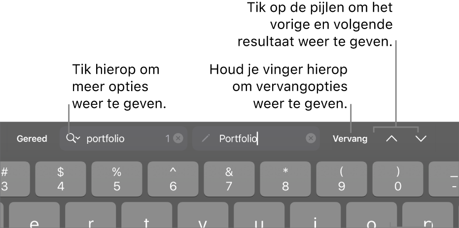 De zoek- en vervangregelaars boven het toetsenbord met uitleg bij de knop voor zoekopties, de knop 'Vervang' en de knoppen met een pijl-omhoog en pijl-omlaag.