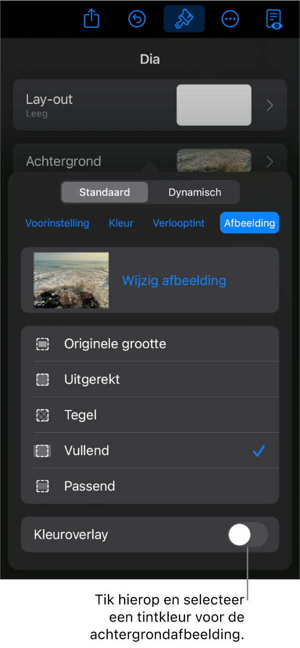 De achtergrondregelaars; als dia-achtergrond is een afbeelding ingesteld en onderaan staat de regelaar 'Kleuroverlay'.