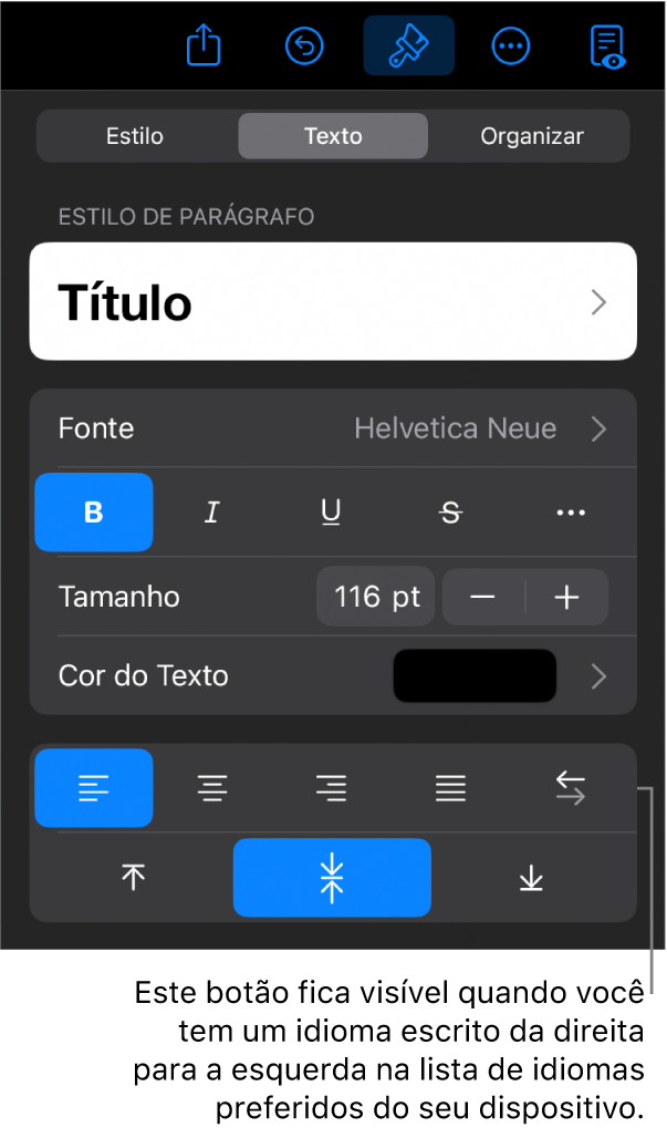 Controles de texto no menu Formatar com uma chamada para o botão da Esquerda para a Direita.