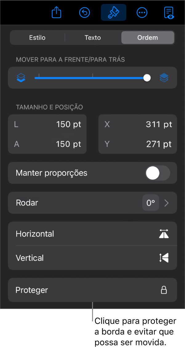 Os controlos de “Ordem” no menu “Formatação” com uma chamada para o botão “Proteger”.