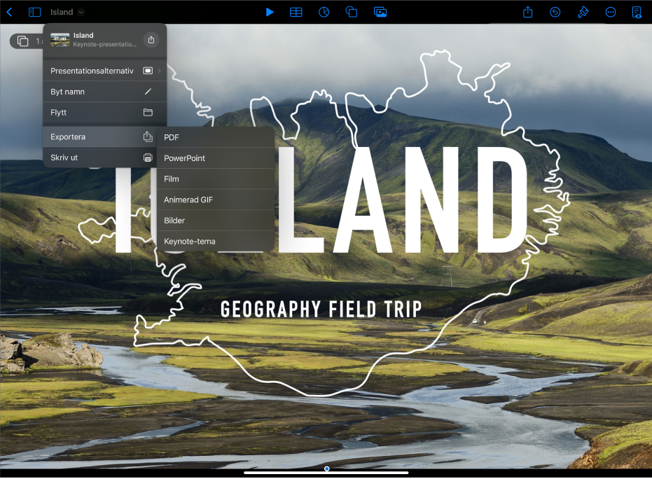 Keynote-appen med exportalternativen öppna i åtgärdsmenyn i verktygsfältet.