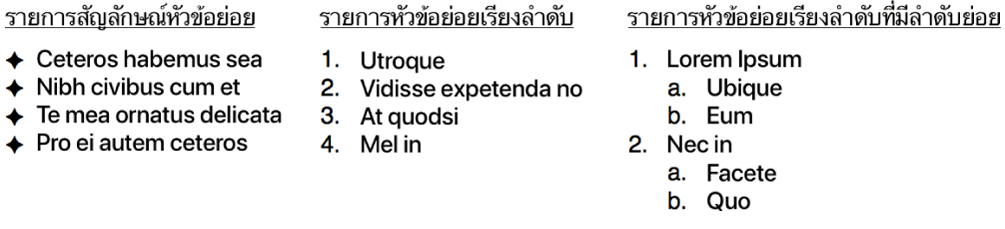 ตัวอย่างรายการที่มีสัญลักษณ์หัวข้อย่อย รายการที่จัดลำดับ และรายการที่จัดลำดับโดยมีลำดับชั้น