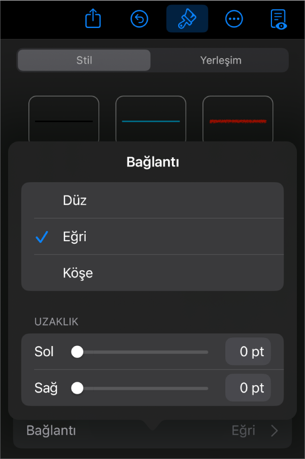 Eğri seçili olan Bağlantı denetimleri.