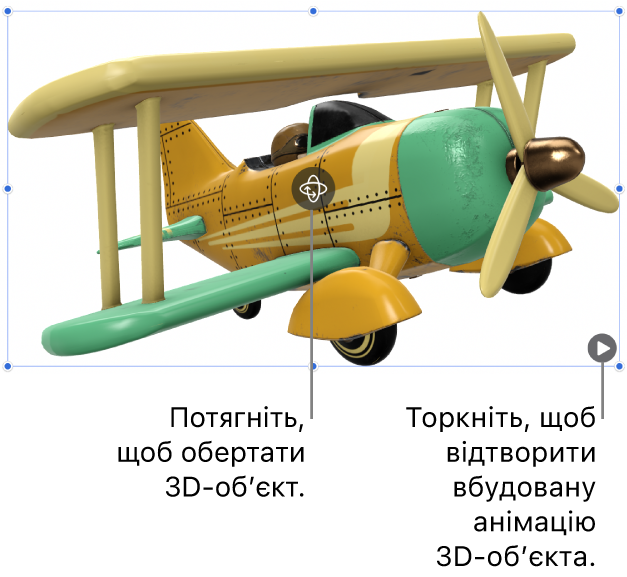 3D-обʼєкт із кнопкою «Обертати» в центрі обʼєкта та кнопкою «Відтворити» в нижньому правому куті.