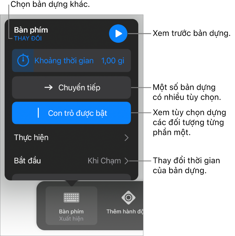Các tùy chọn bản dựng bao gồm Thời lượng, Thực hiện và Định thời gian bắt đầu. Chạm vào Thay đổi để chọn bản dựng khác hoặc chạm vào Xem trước để xem trước bản dựng.