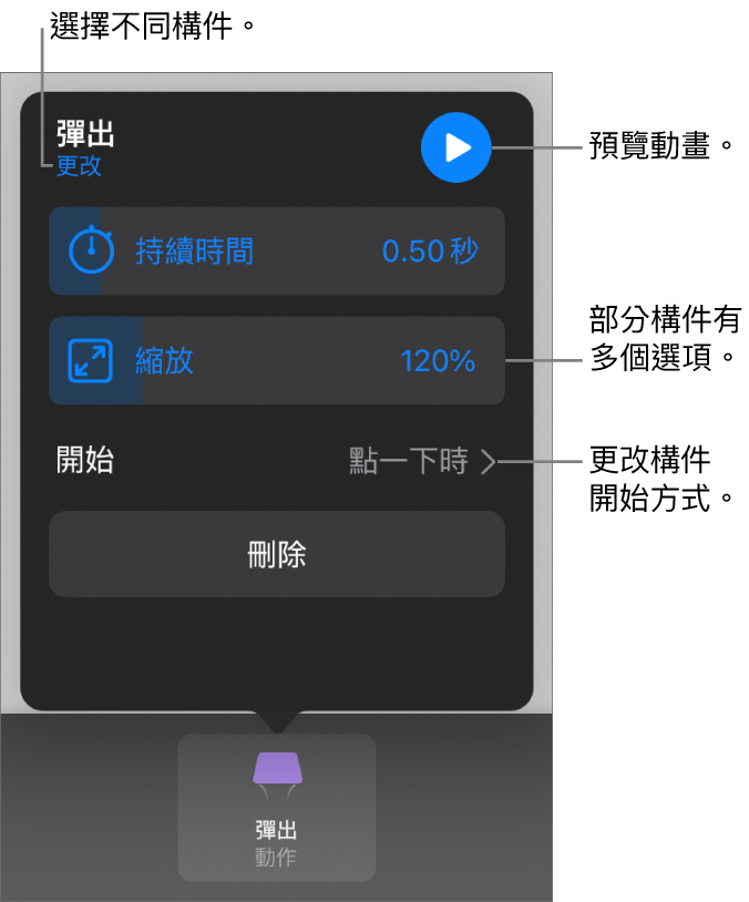 構件選項包含「持續時間」和「開始時間」。點一下「更改」來選擇不同構件，或點一下「預覽」來預覽構件。