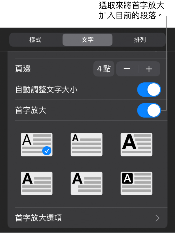 「首字放大」控制項目位於「文字」選單中。