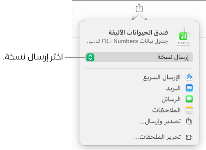 القائمة مشاركة حيث يظهر بها الخيار إرسال نسخة محددًا في الجزء العلوي.