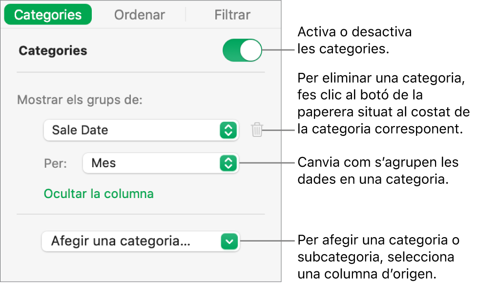 La barra lateral de categories amb opcions per desactivar categories, eliminar categories, agrupar dades, ocultar la columna d’origen i afegir categories.