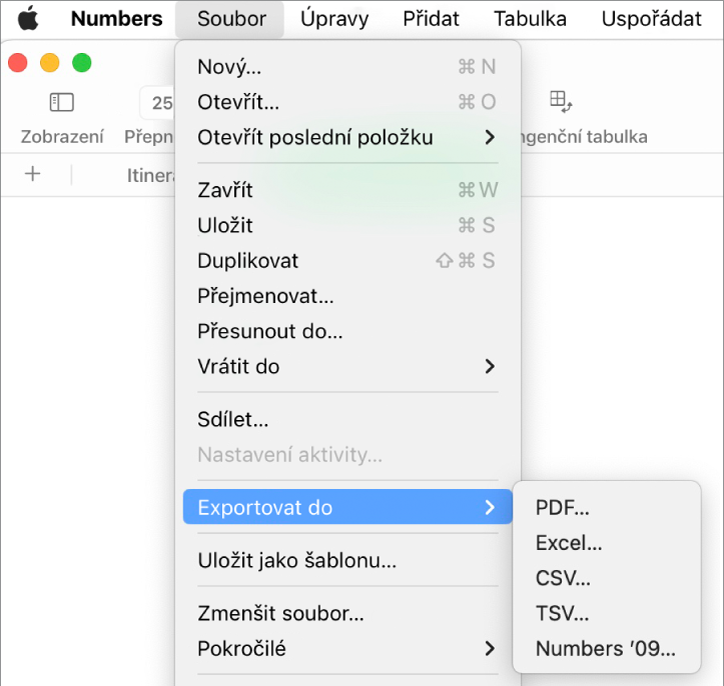 Nabídka Soubor otevřená s vybranou volbou Exportovat do a podnabídka s volbami exportu pro PDF, Excel, CSV a Numbers ’09.