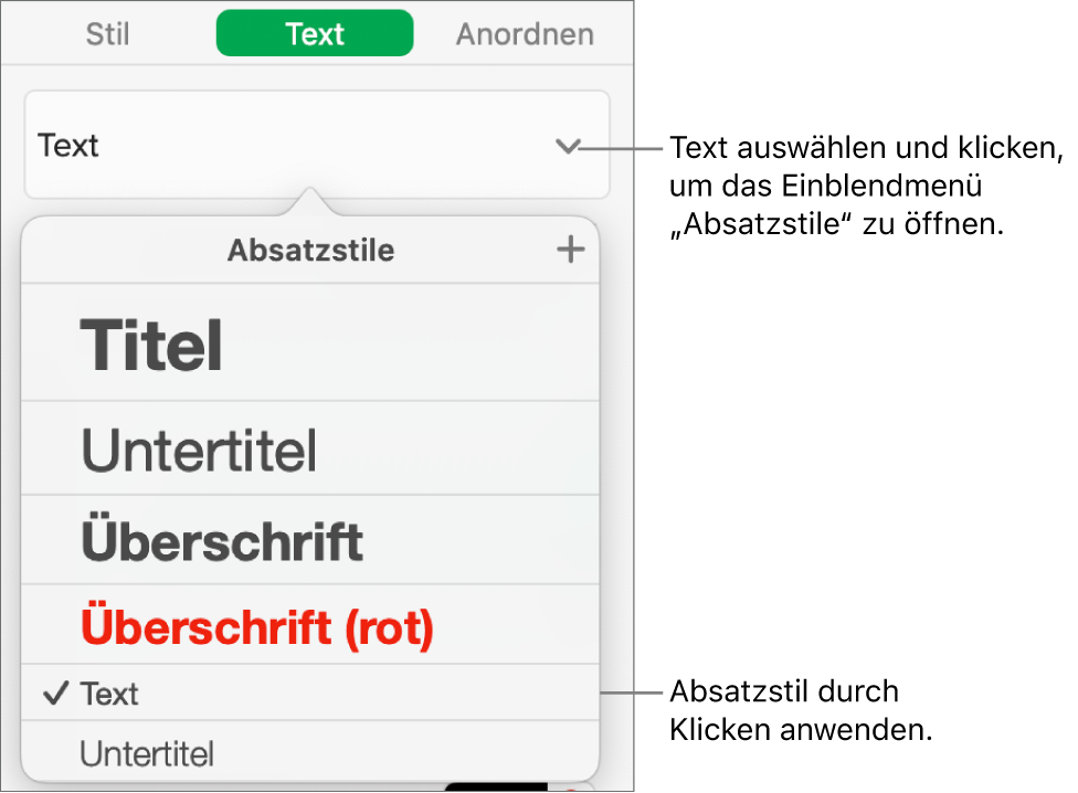 Das Menü „Absatzstile“ mit einem Häkchen neben dem ausgewählten Stil