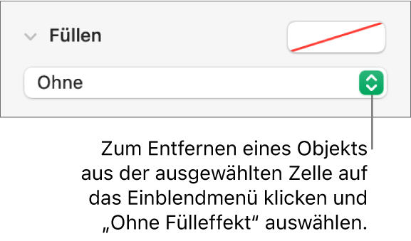 Die Steuerelemente zum Entfernen eines Objekts aus einer ausgewählten Zelle