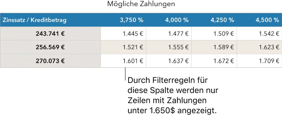 Eine Tabelle mit Ratenzahlungen nach dem Filtern für finanzierbare Tilgungsraten.