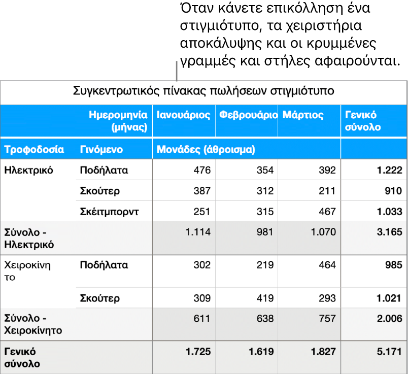 Ένα στιγμιότυπο συγκεντρωτικού πίνακα.