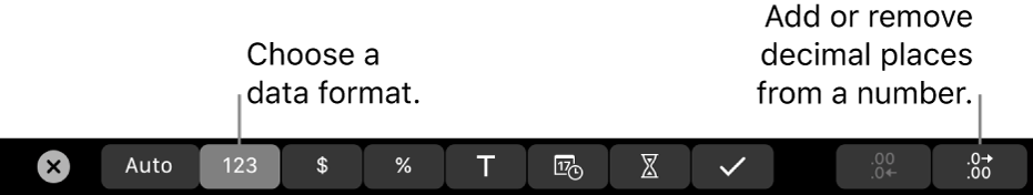 The MacBook Pro Touch Bar with controls for choosing a data format, and adding or removing decimal places from a number.