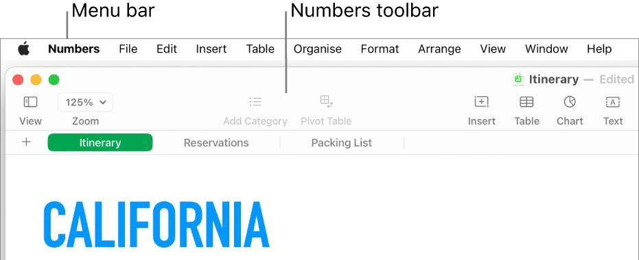 The menu bar at the top of the screen with Apple, Numbers, File, Edit, Insert, Table, Organise, Format, Arrange, View, Window and Help menus. Below the menu bar is an open Numbers spreadsheet with toolbar buttons across the top for View, Zoom, Add Category, Pivot Table, Insert, Table, Chart and Text.