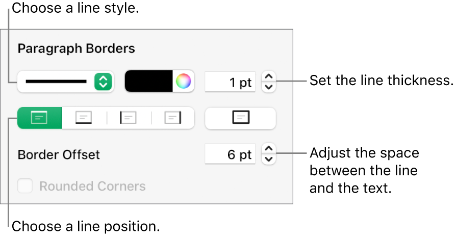 Controls to change the line style, thickness, position and colour.