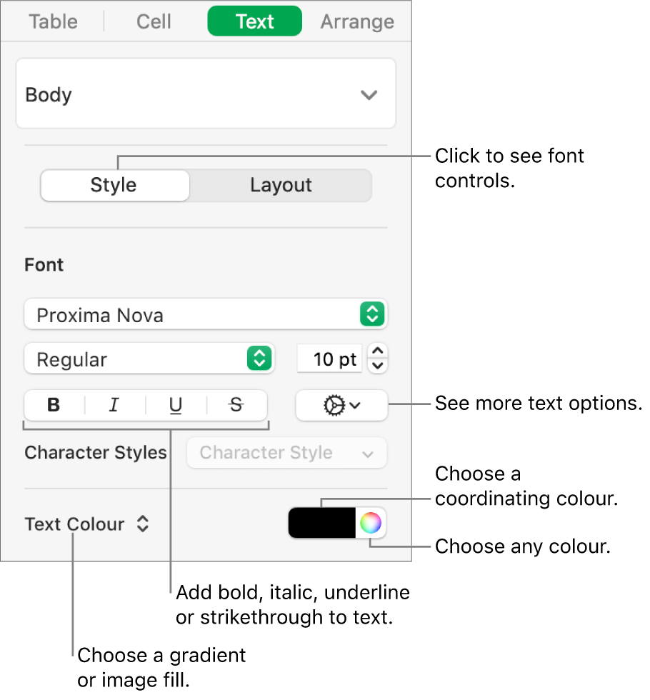 The controls for styling table text.